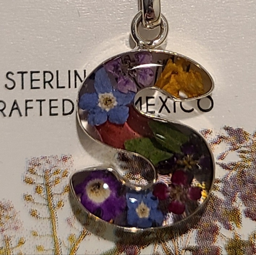 SEED & SAGE Sterling Silver Genuine Flowers THE LETTER "S" DESIGN like new